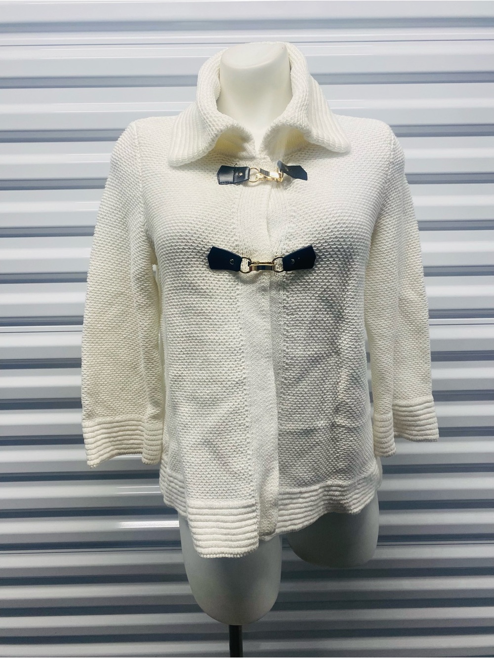 JM Collection Cream Knit Toggle Jacket with Black Trim